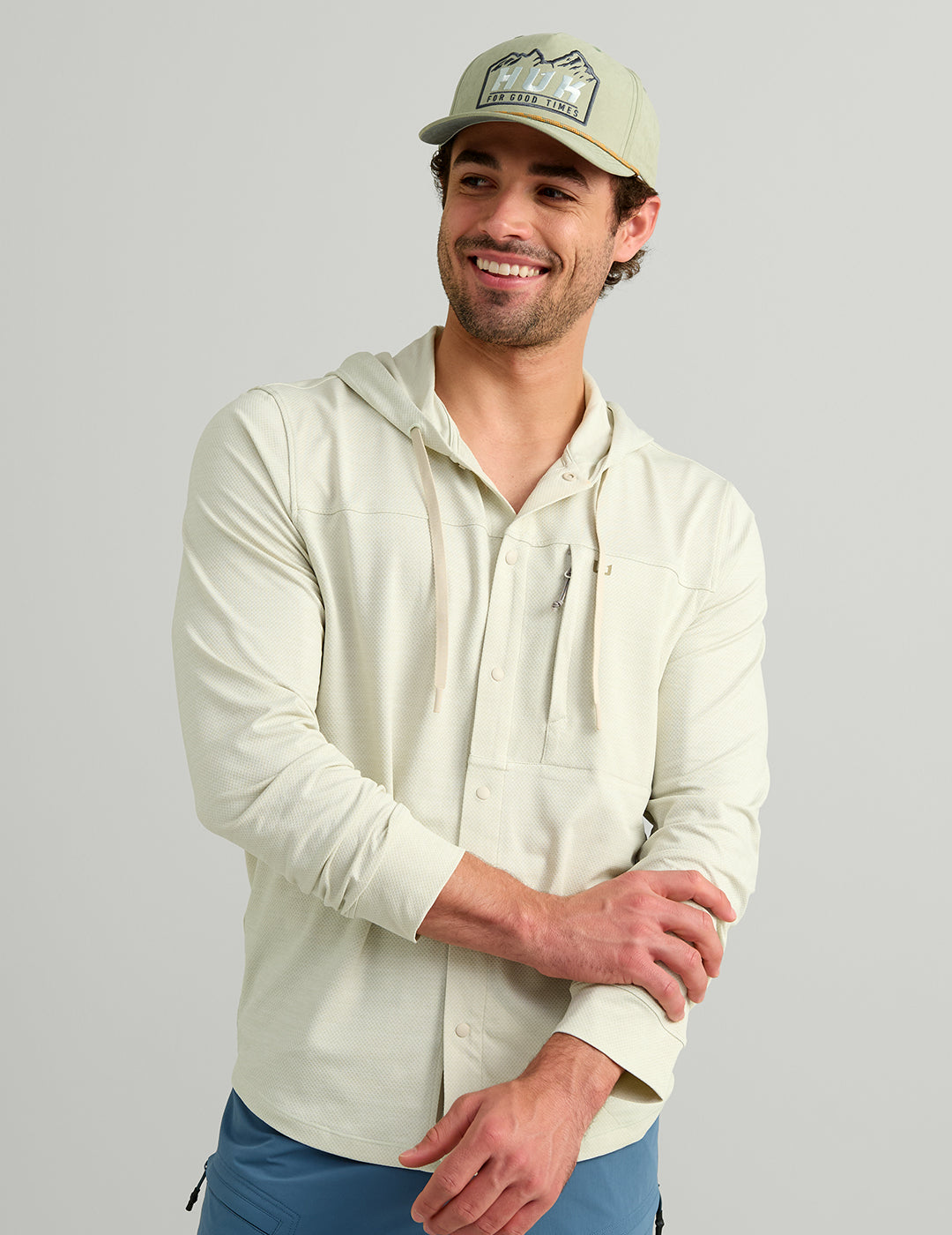Huk Men's Watershed Button Up Hooded Shirt Silver Birch/Heather M