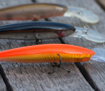 colorful fish baits are on a wooden background