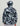 Black, white, and gray camouflage fleece hoodie with textured panels, shown from back view with hood up.