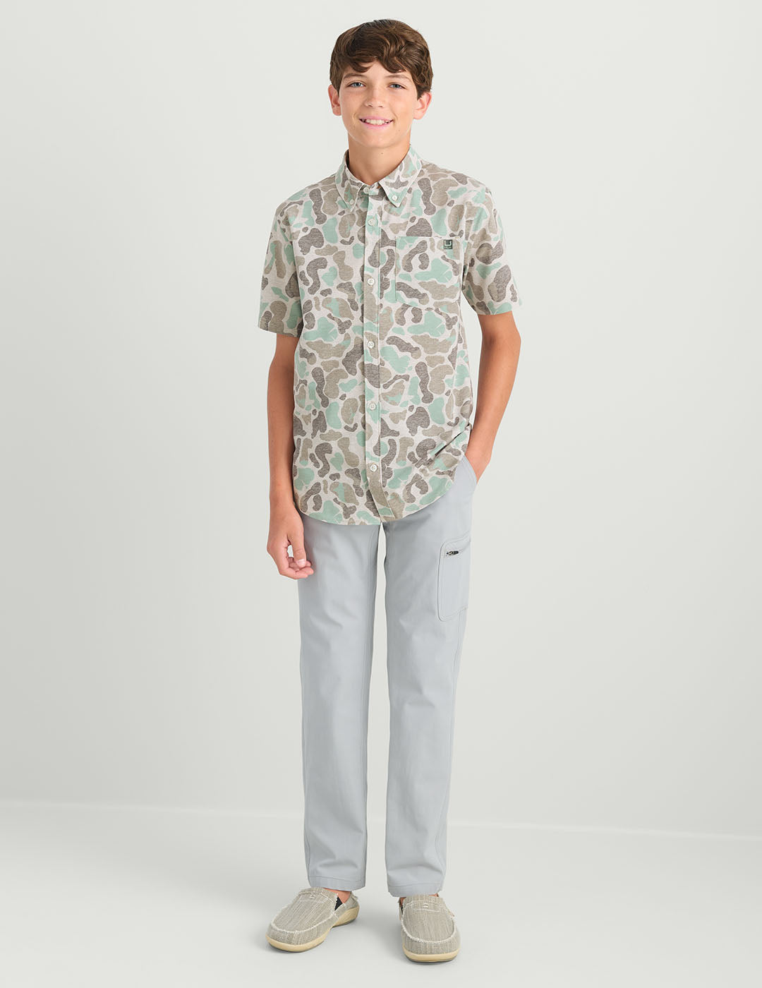 HUK Chemise à Manches Courtes Kona | Performance boutonnée vers Le Bas, Palmier océan-Blanc, L Homme HUK Chemise à Manches Courtes Kona | Performance boutonnée vers Le Bas, Palmier océan-Blanc, L Homme