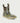 Waterproof pull-on boot with yellow and gray wave pattern, striped handles, brown neoprene collar, and cream-colored sole.